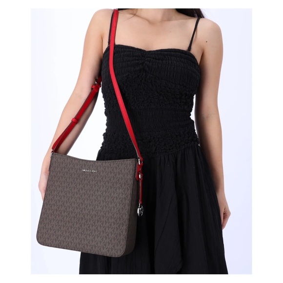 Michael Kors Jet Set Travel Large Messenger Bag Crossbody Brown MK Bright Red - Picture 4 of 11